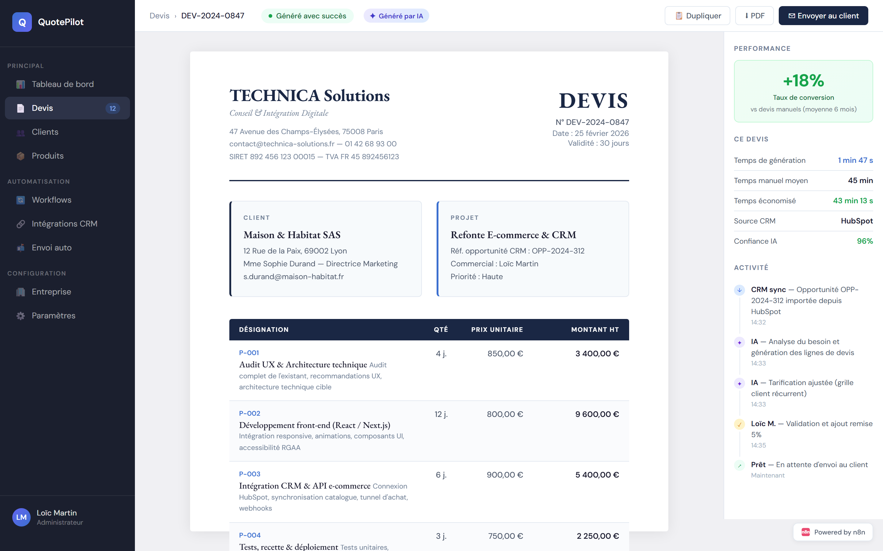 Devis automatiques en 2 min — génération automatique depuis le CRM